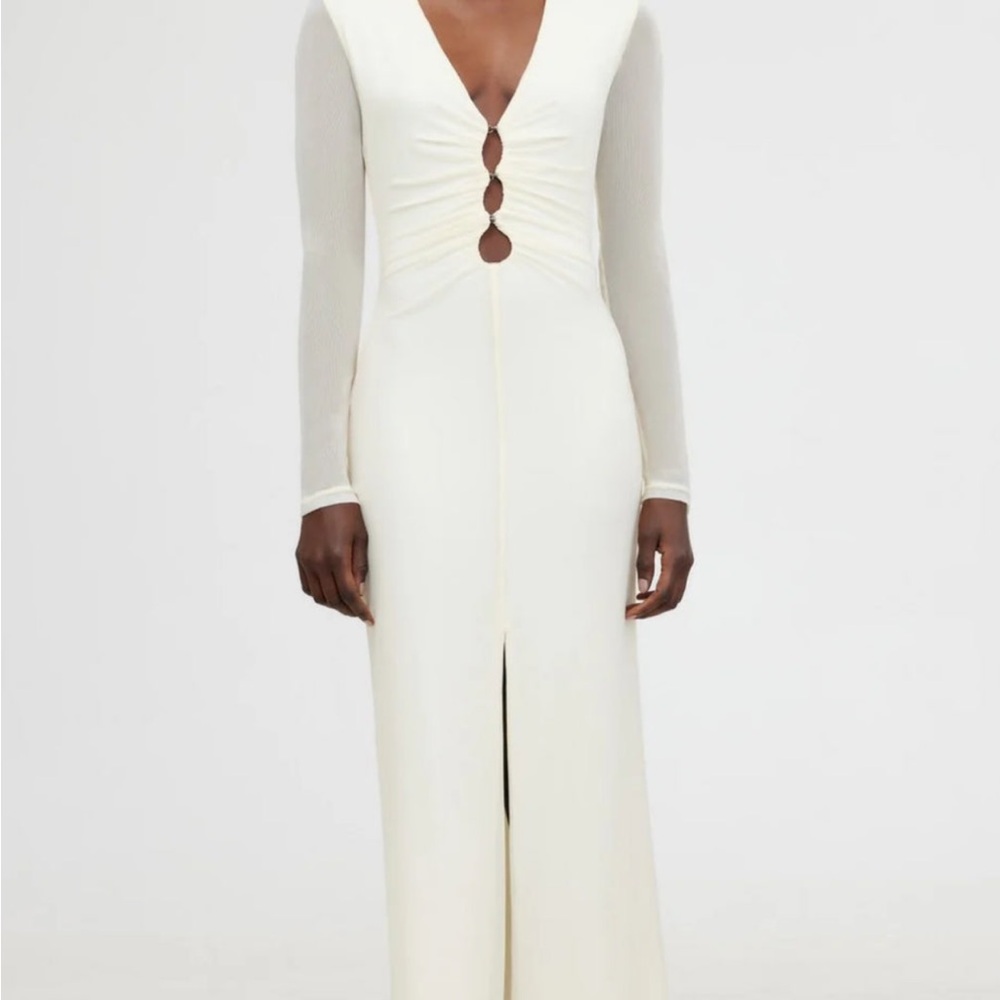 Cream Ribbed Long Sleeve Gown with V-Neck